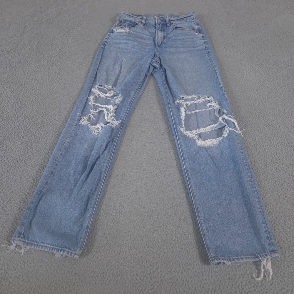 American Eagle Jeans Womens 4 Blue Highest Rise Baggy Straight Distressed Denim